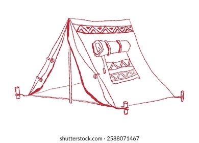 Tent line icon. Hand drawn retro campsite shelter with open door. Outline canvas tent  icon vector illustration. Doodle style  summer camp house, outdoor adventure. 