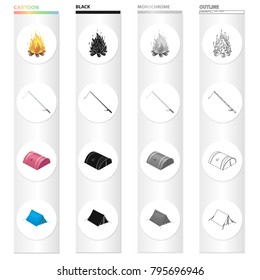 Tent, lodging, fortifications, and other web icon in cartoon style.Hiking, bonfire, logs, icons in set collection.
