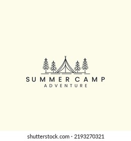 tent logo with linear vector illustration, summer camp, tree icon template design