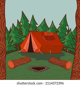 tent in the middle of forest or camping ground suitable for camping illustration