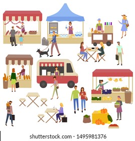Tent with milk products, vegetables and flowers, coffee and fastfood bus. Women eating outdoor, people buying food in park or on street, ice-cream and fruit, retail vector, food court. Festival market