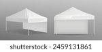 Tent mockup for exhibition event. Realistic 3d vector illustration set white marquee canopy for product presentation front and angle view. Garden gazebo for summer festival. Square pavilion template