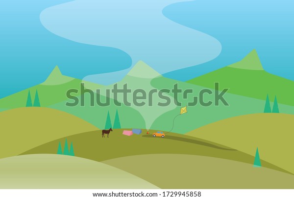 tent in a mountain meadow, picnic and campfire next\
to the car and the lake.