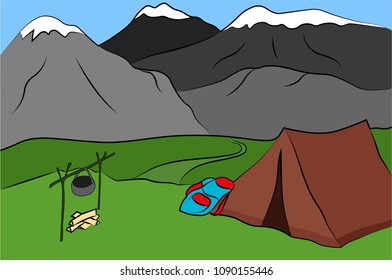 Tent, mountains and a fire. Camping. Vector illustration. Background. Landscape.