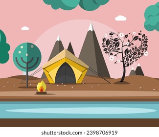 Tienda con montañas en segundo plano, noche en parque natural, vector