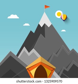 Tent with Mountains on Background with Flag on Highest Mountain Vector Flat Design Illustration
