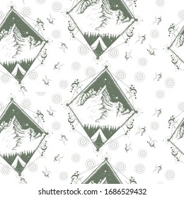 Tent in the mountains. Seamless pattern. Packing old paper, scrapbooking style. Medieval manuscript, engraving art. Symbol of tourism, travel, adventures, meditation, climbing, camping, great outdoors
