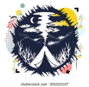 Tent in mountains. Travel symbol, tourism, extreme sports, outdoor. Camping. Zine culture concept. Hand drawn vector glitch tattoo, contemporary cyberpunk collage. Vaporwave art 