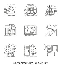 Tent, navigation, campsite in forest and other samples for camping. Set of thin flat line style tourism vector icons. Design symbols for website and business.