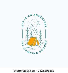 Tent nestled between majestic mountains, surrounded by tall trees, under a crescent moon and stars logo vector illustration design. Suitable for outdoor and camping themes.