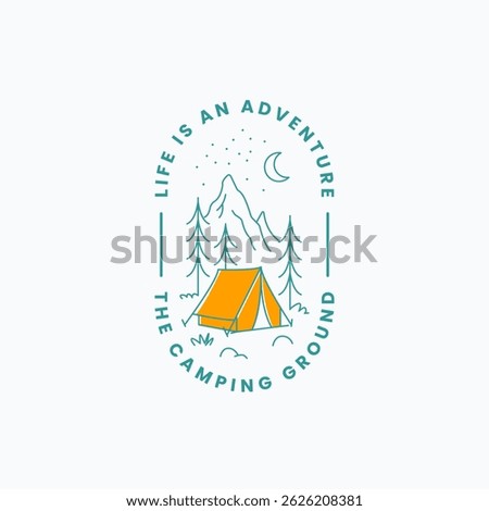 Tent nestled between majestic mountains, surrounded by tall trees, under a crescent moon and stars logo vector illustration design. Suitable for outdoor and camping themes.