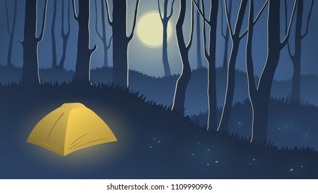 tent in the night forest