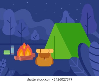 Tent in night forest vector illustration. Backpack, bonfire, thermos flask near tent. Camping, relaxation, meditation, weekend in nature concept