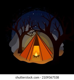 Tent at night, mountains in the background