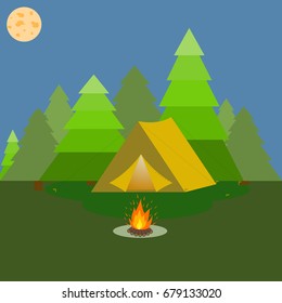 Tent at night time. Camping, forest at night, a fire near the tent. Flat design, vector illustration, vector.