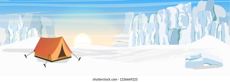 Tent to the north. Extreme tourism in the North. The glacier and the snow-covered plain. Vector landscape of the Arctic, Antarctic or Greenland