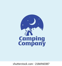Tent on the background of mountains, moon and night stars sky. Logo concept for camping company. 2d vector Illustration. Flat. Isolated light background