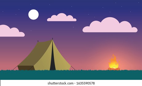 Tent on meadow at dawn with campfire next to it illustration