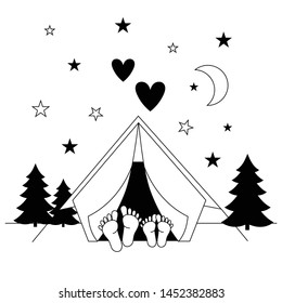 Tent on nature.Camping, night.From the tent you can see the legs of a man and a woman.The stars and the moon.In the distance silhouettes of trees.Black outline on white background