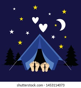 Tent on nature.Camping, night.From the tent you can see the legs of a man and a woman.The stars and the moon.In the distance silhouettes of trees.Flat vector