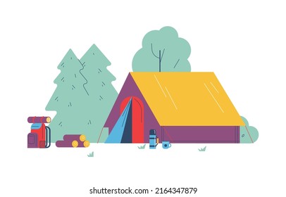 Tent with open entrance standing at the forest flat style, vector illustration isolated on white background. Tourist bag and equipment, firewood, thermos and mug