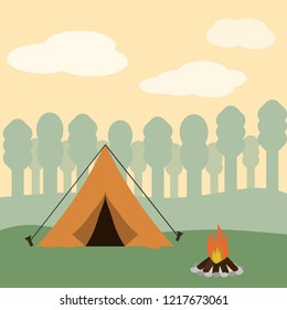Tent in outdoor nature park with camp fire vector illustration