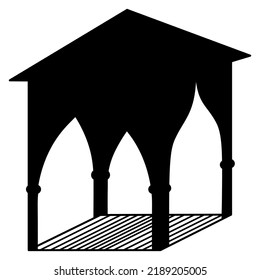 Tent for outdoor recreation. Silhouette. Gazebo with roof and curtains. Vector illustration. Outline on isolated background. Idea for web design.