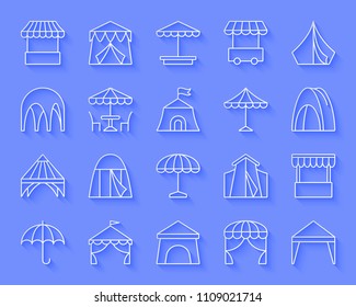 Tent paper cut art line icons set. 3D sign kit of umbrella. Circus linear pictogram collection includes store, restaurant, campsite. Simple tent vector paper carved icon shape. Material design symbol