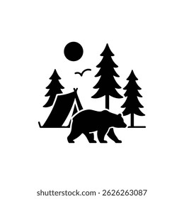 Tent and Pine Tree with Bear Silhouette Passing Wilderness Scene