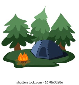 tienda en el pinar. campamento de verano con fuego. ilustración simple plana, dibujo a la moda. 
