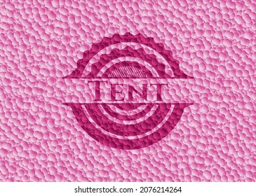 Emblema rosa de carpa con fondo de burbujas. Ilustración vectorial. Detallado. 