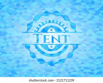 Tent realistic light blue emblem. Mosaic background. 