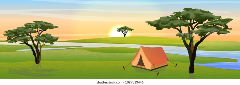 Tent for rest and tourism in the African savannah. River. Realistic vector landscape. The nature of Africa. Reserves and national parks. Camping and tourism.