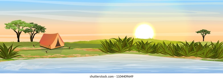 Tent for rest and tourism in the African savannah. A big lake. Realistic vector landscape. The nature of Africa. Reserves and national parks. Camping and tourism.