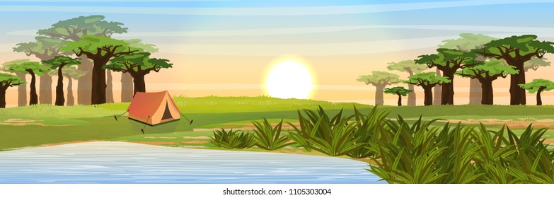 Tent for rest and tourism in the African savannah. A small drying lake. Realistic vector landscape. The nature of Africa. Reserves and national parks. Camping and tourism.