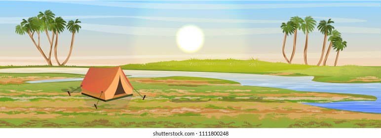 Tent for rest and tourism in the African savannah. Doum palm Realistic vector landscape. The nature of Africa. Reserves and national parks. Camping. 