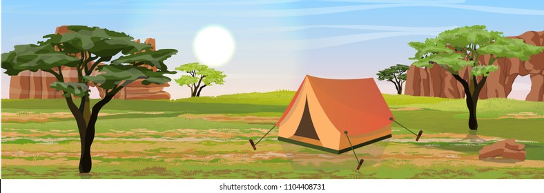 Tent for rest and tourism on the Australian Plain. Mountains and acacia trees. Realistic vector landscape. The nature of Australia. Reserves and national parks. Camping.