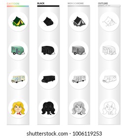 A tent for rest, a trailer, a trailer, a woman's face. Family holiday set collection icons in cartoon black monochrome outline style vector symbol stock illustration web.