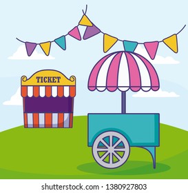 tent sale ticket with carnival kiosk and garlands