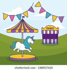 tent sale ticket with carousel and garlands