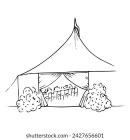 tent with a served table for guests without people sketch art. hand drawn doodle drawing of a wedding tent