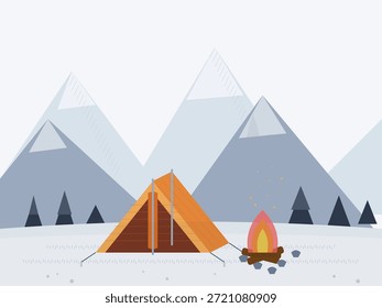 A tent set up in a snowy landscape surrounded by mountains. A campfire burns in front of the tent, creating a cozy spot in the cold.