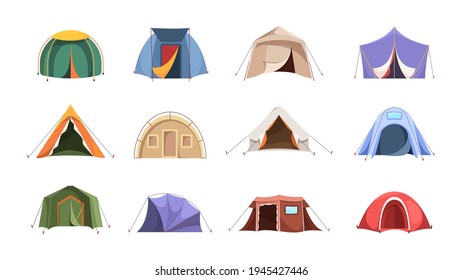 Tent. Shelter for travellers from cold or hot weather camping symbols environment tent of hunters garish vector cartoon set