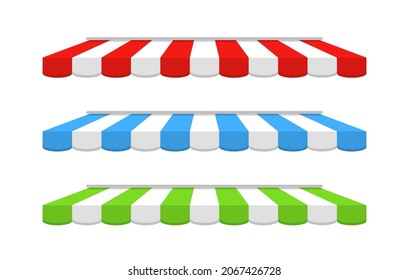 Tent of shop. Awning on cafe. Roof of marketplace. Red, blue, green-white stripe canopy for store or market. Striped sunshade for restaurant, circus and marquee. Parasol on white background. Vector.