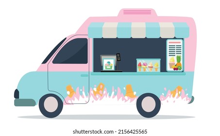 Tienda de campaña sobre ruedas, camión rosa vendiendo helados.  Venta callejera de dulces y postres. Ilustración vectorial.