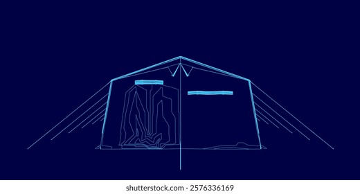 Tent is shown in a blue background. The tent is a large structure with a roof and poles. The tent is open and has a blue color