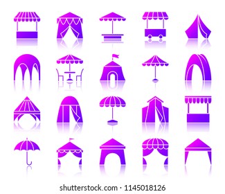 Tent silhouette icons set with reflection. Violet sign kit of umbrella. Awning vector pictogram collection includes Circus marquee, garden cafe stall. Purple contour simple tent icon isolated on white