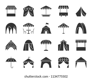 Tent silhouette icons set. Sign kit of umbrella. Awning pictogram collection includes circus, trade cart, fast food sunshade. Simple tent black symbol isolated on white. Vector Icon shape for stamp