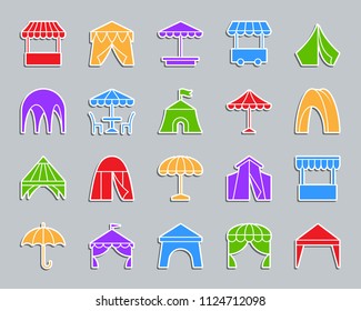 Tent silhouette sticker icons set. Web sign kit of umbrella. Circus pictogram collection includes shop, marquee, truck, food kiosk. Simple tent vector icon shape for badge, pin, patch and embroidery