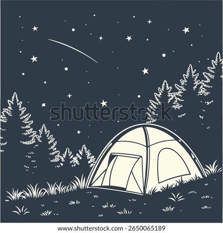 A tent sits among trees under a starry night sky with a shooting star overhead.